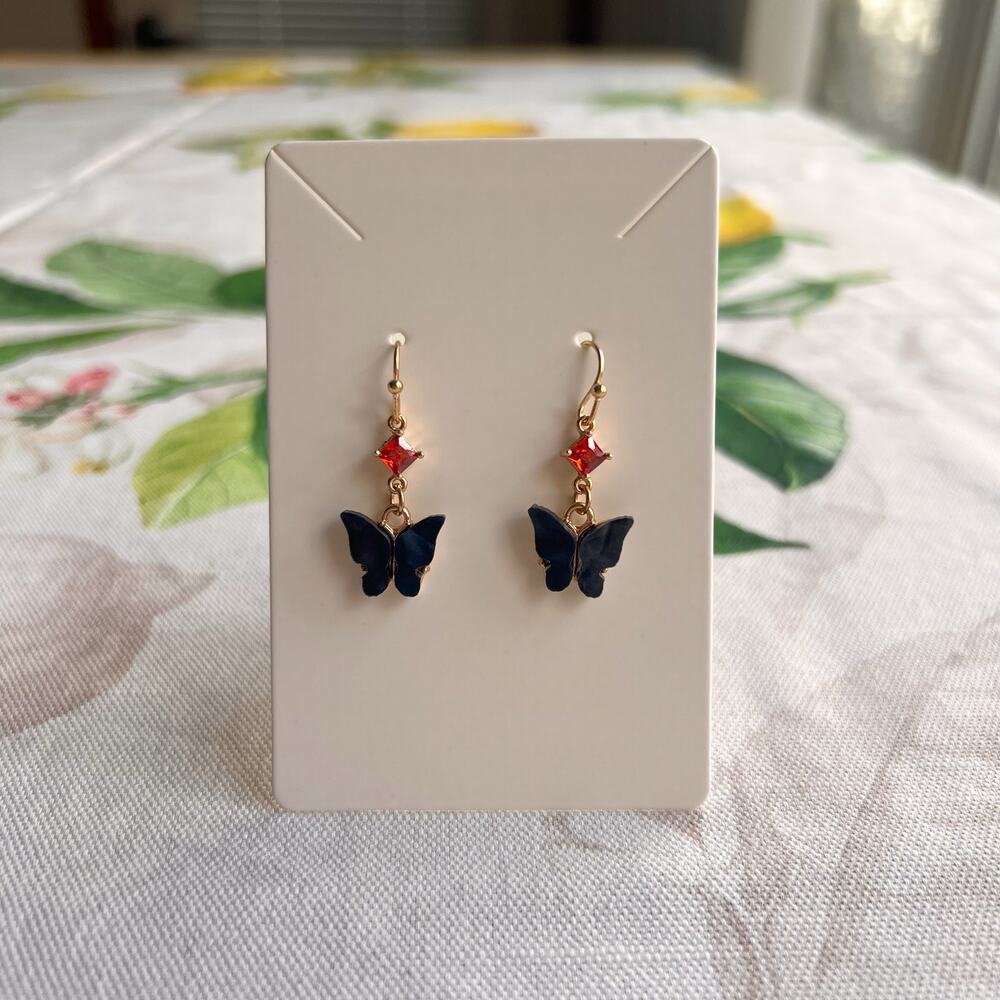 Onyx Obsidian Black Carnelian Crystal Glass Fun Kawaii Butterfly Earrings